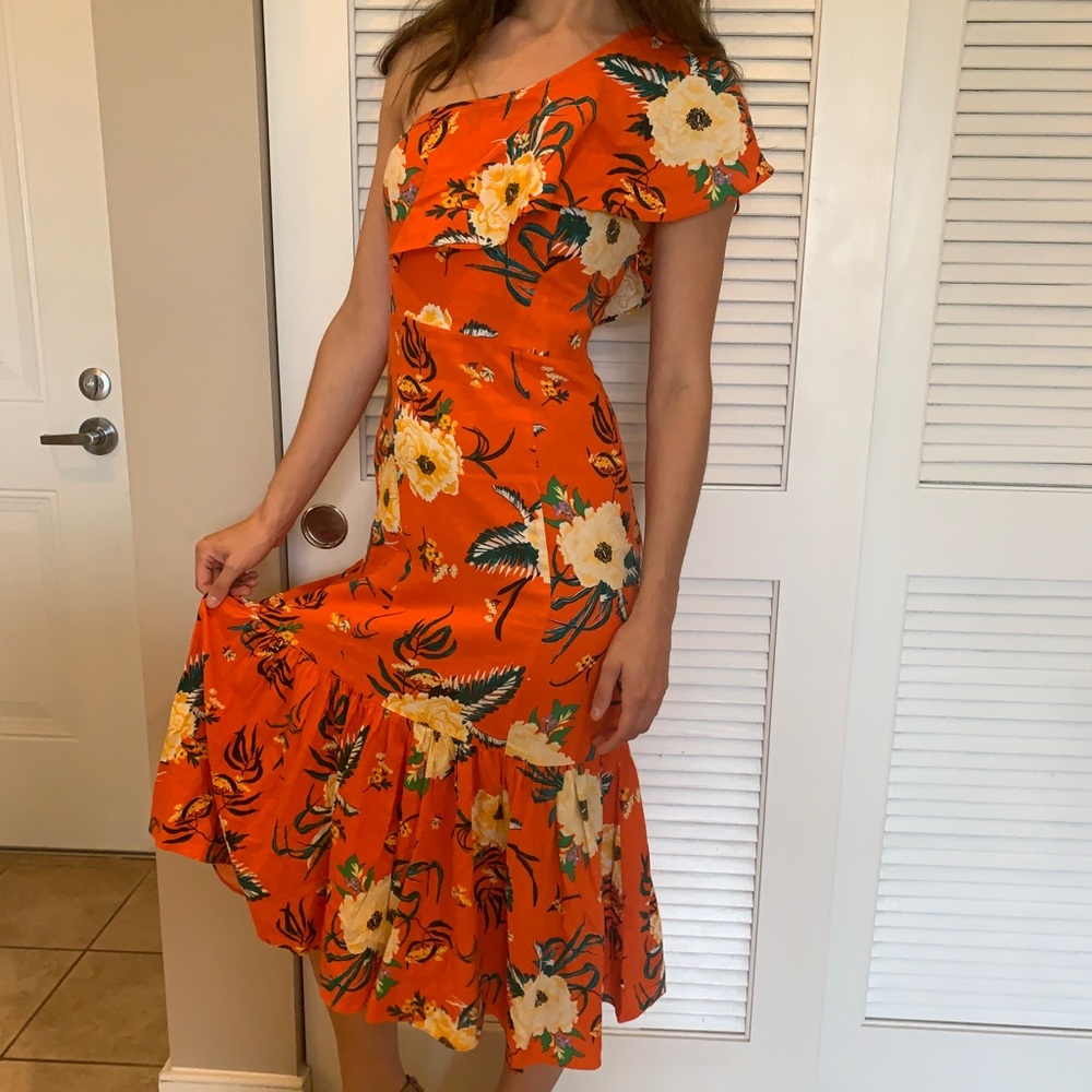 Floral Bright Red-Orange Urban Outfitters Ruffle Midi Dress 🌺